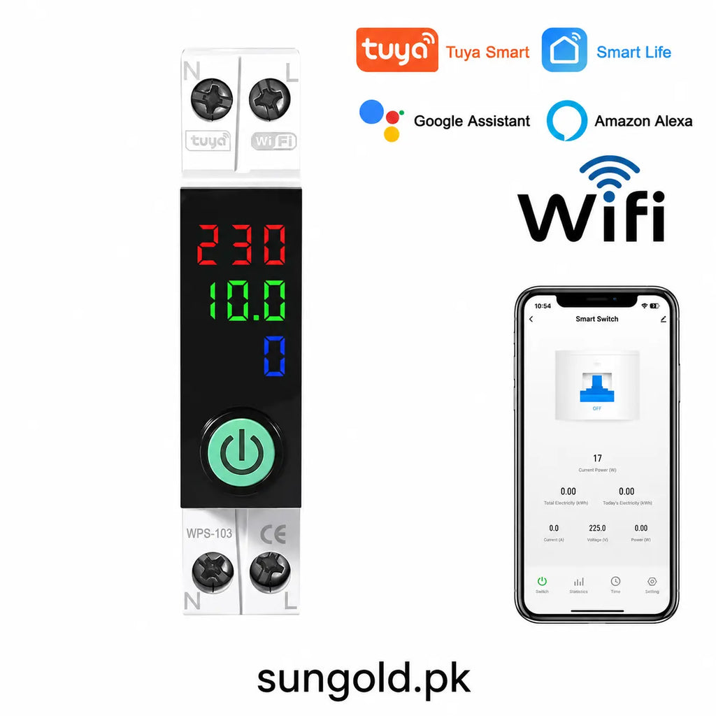 Smart device with digital display and smartphone app interface, featuring Tuya Smart, Google Assistant, Amazon Alexa, and WiFi logos.