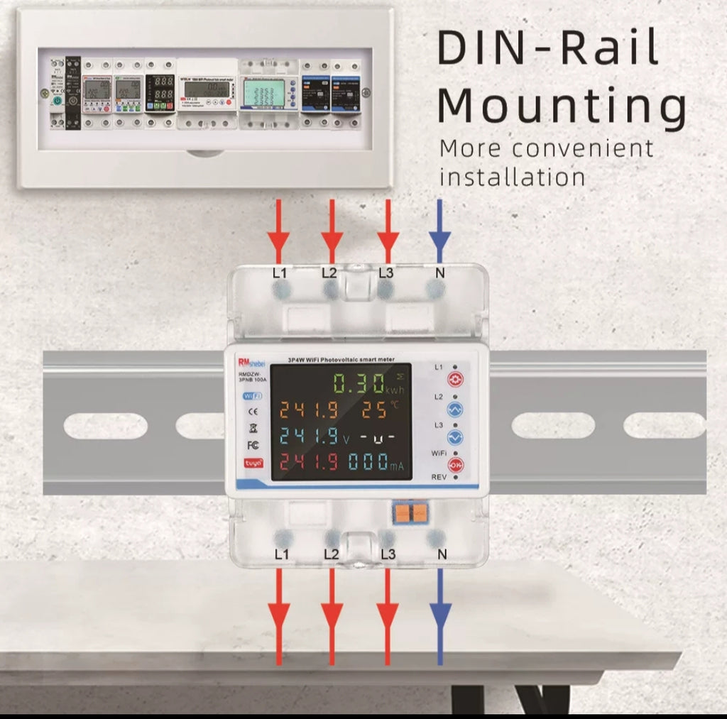 Electrical panel with DIN-rail mounting and wiring diagram on a light gray background