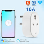 Smart plug with smartphone app on a light blue background, featuring Tuya Smart Life logos.