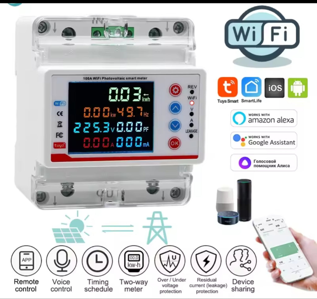 Smart electricity meter with digital display and connectivity icons on a white background