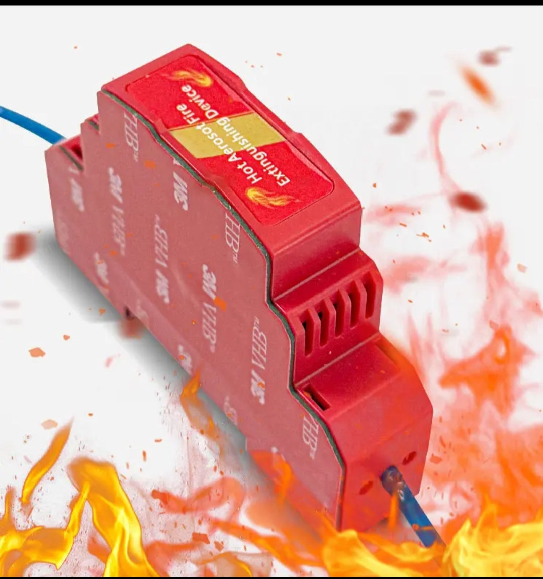 Red electronic device with flames and sparks on a white background