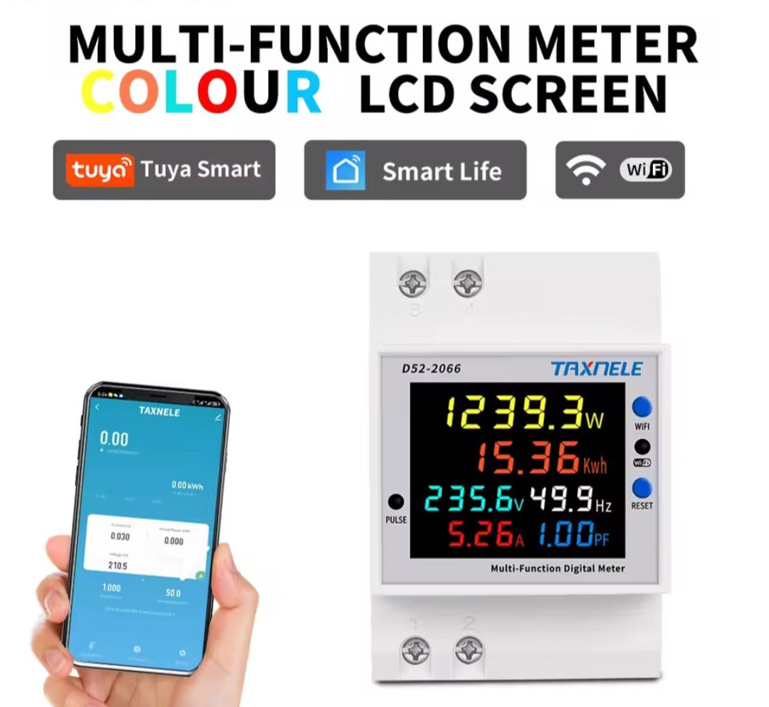 Din Rail 6 IN 1 AC Monitor Voltage, Ampere, Kwh with Rest Button | Din Rail AC 220V 110V 40V-300V 100A  builtin wifi