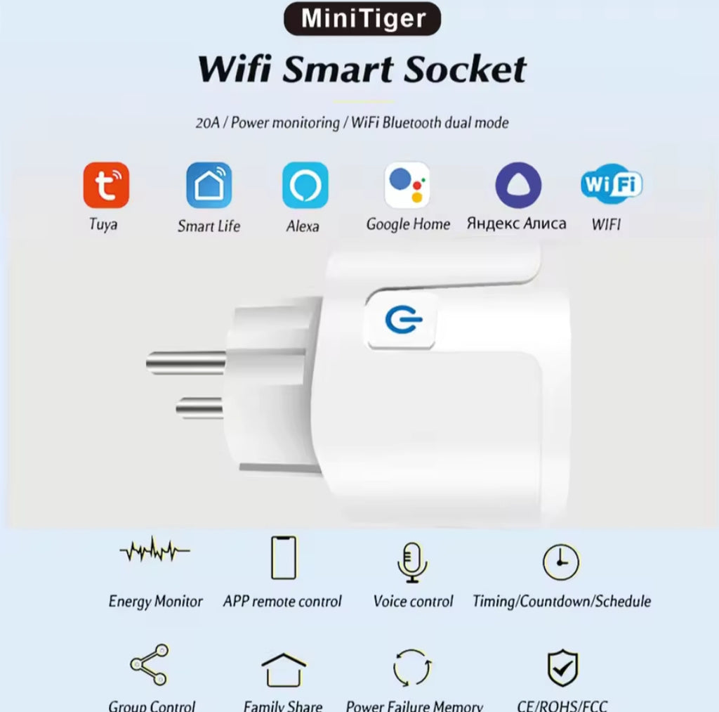 Tuya Smart Socket EU 20A Wifi Smart Plug With Power Monitoring