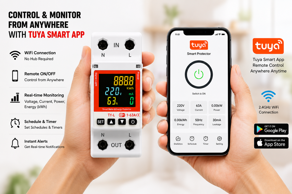 Smart wifi voltage and Ampair protection device 63A with unit lock and power off feature Smart WiFi 63A Voltage & Current Protection Breaker with Energy Meter, Unit Lock & Power Off Feature | Tuya Smart Sun Gold