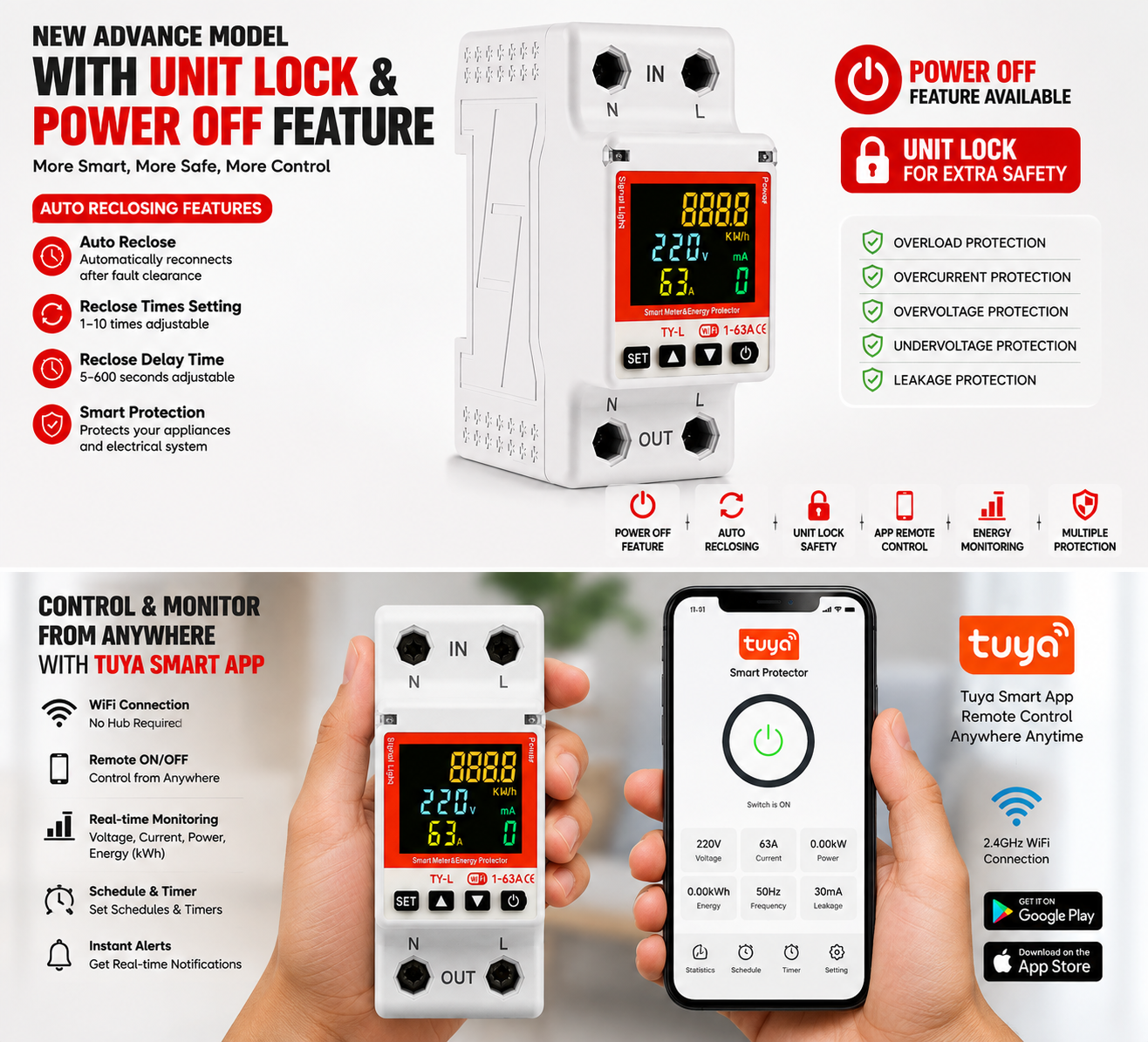 Smart wifi voltage and Ampair protection device 63A with unit lock and power off feature Smart WiFi 63A Voltage & Current Protection Breaker with Energy Meter, Unit Lock & Power Off Feature | Tuya Smart Sun Gold