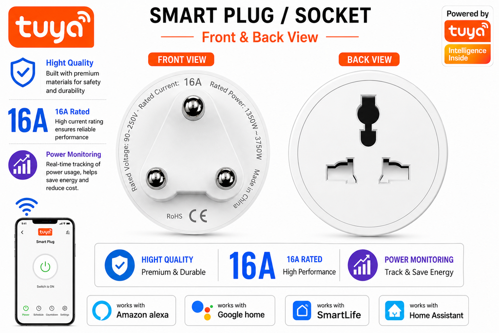 Tuya Smart Socket Universal 16A Wifi Smart Plug With Power Monitoring SmartLife App Smart Home Voice Control Support Google Assistant Alexa Alice Sun Gold