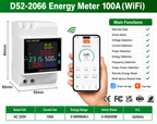 Energy meter product listing graphic showing a white D52-2066 WF digital energy meter, a hand holding a smartphone displaying the Tuya energy meter app, and a features checklist on a green background with technical specs at the bottom.