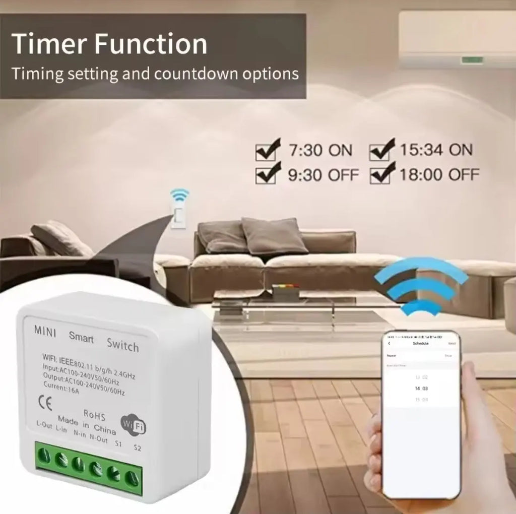 Smart switch with timer function displayed in a living room setting