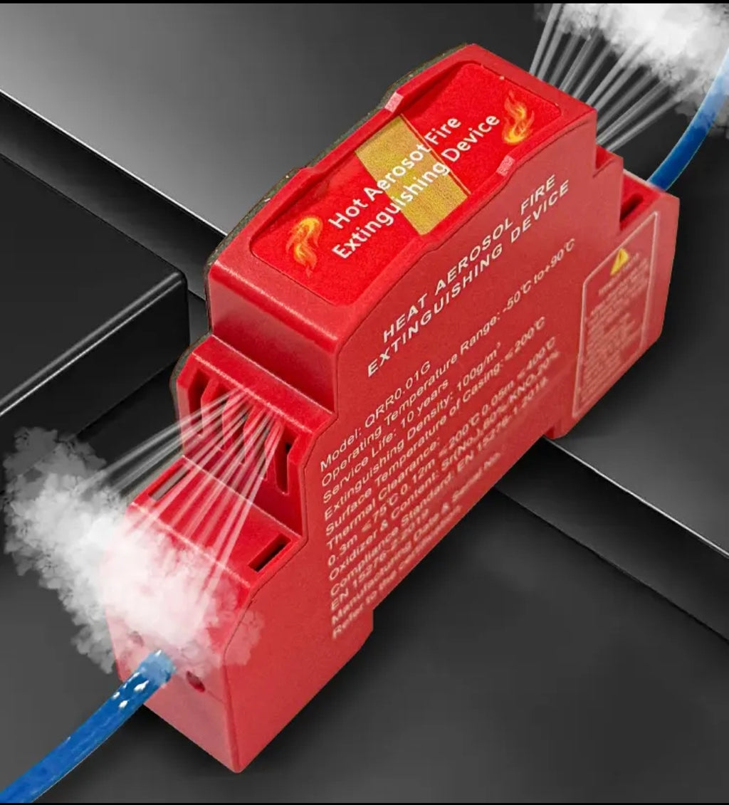 Red heat aerosol fire extinguishing device with smoke simulation on a dark background