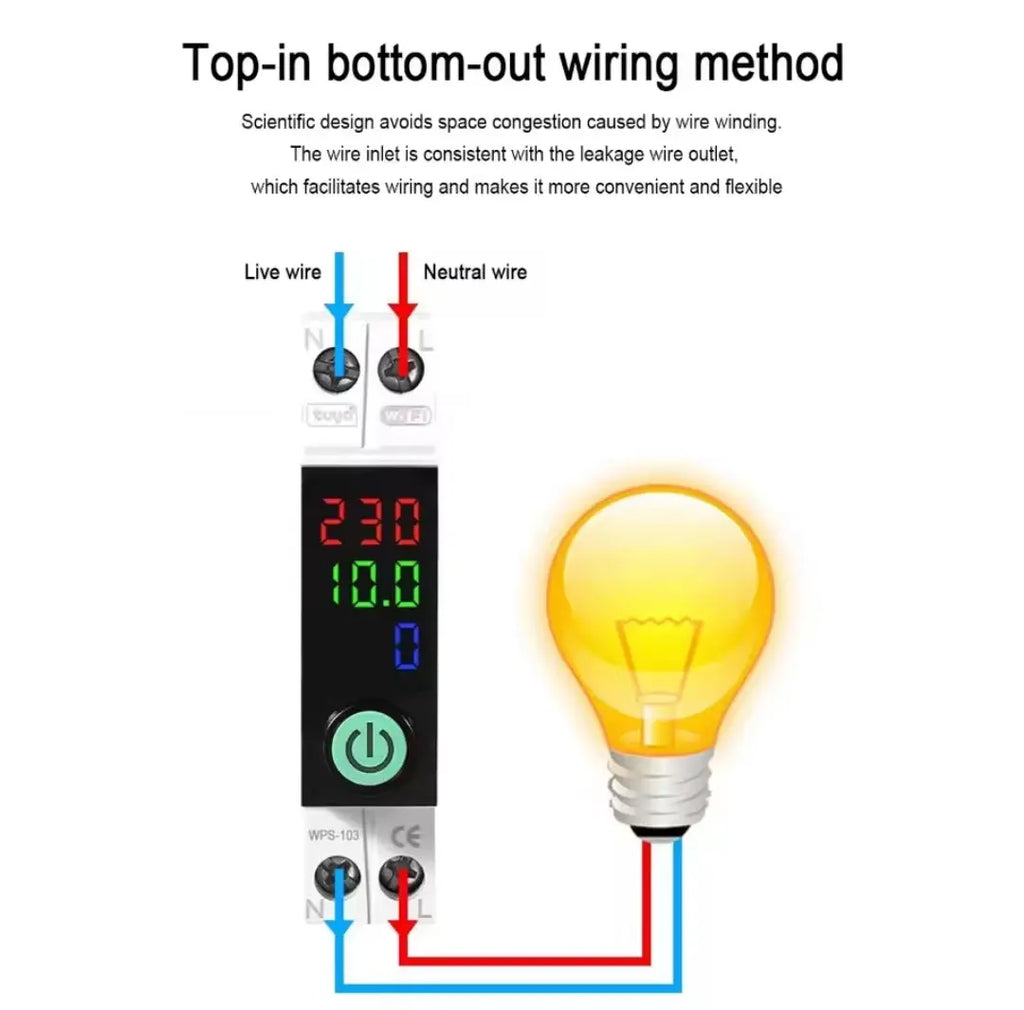 Diagram showing top-in bottom-out wiring method with a digital meter and light bulb.