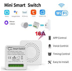 Mini smart switch with connectivity options and features on a white background