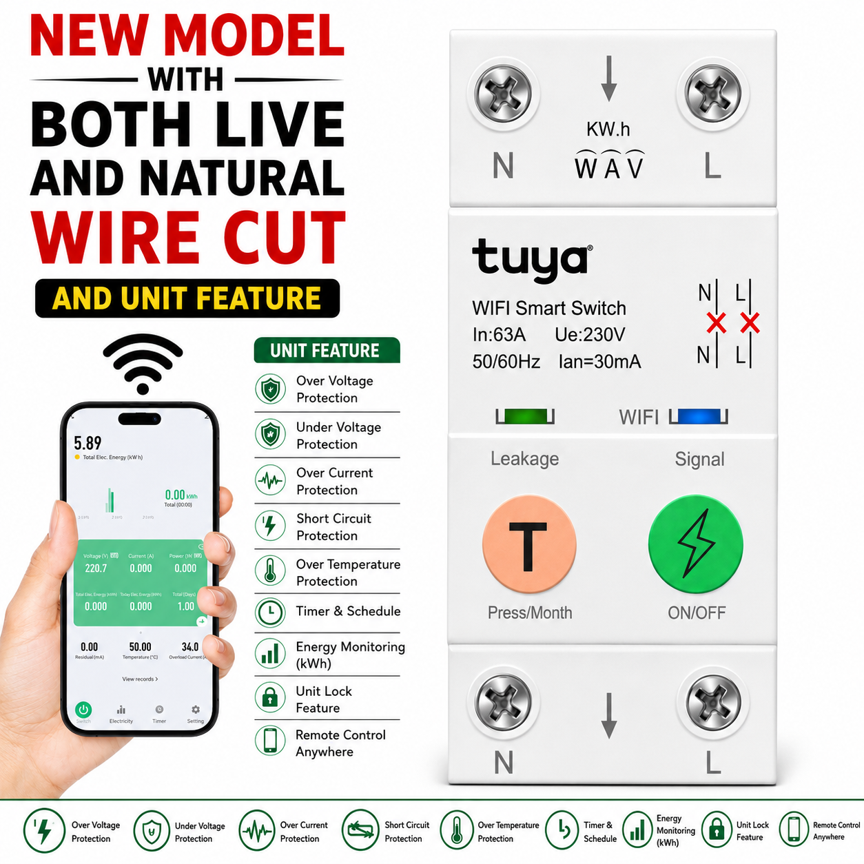 Din Rail WIFI Circuit Breaker 63A Smart Timer Switch with Unit Lock sun gold