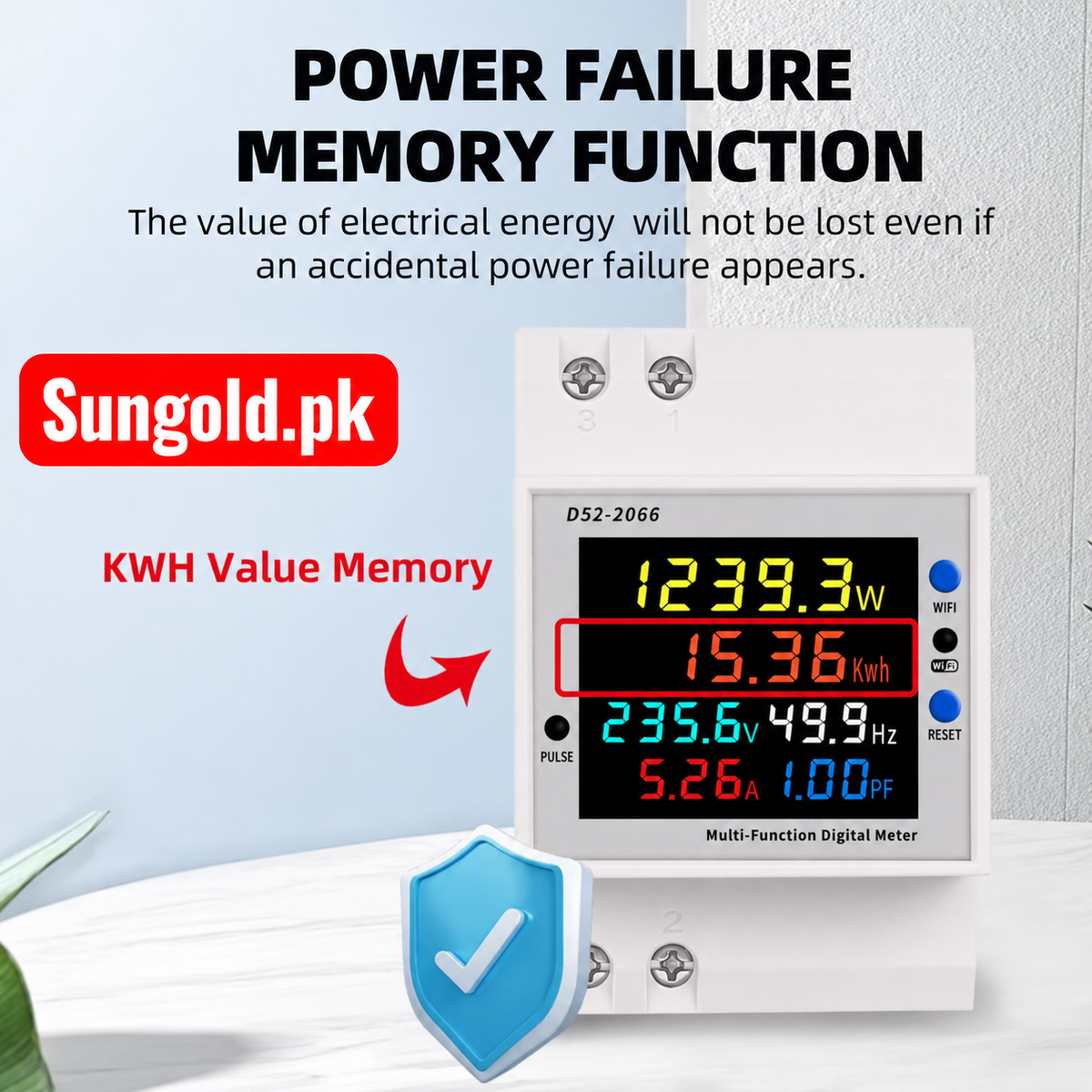 Din Rail 6 IN 1 AC Monitor Voltage, Ampere, Kwh with Rest Button | Din Rail AC 220V 110V 40V-300V 100A Digital Ampermeter Builtin CT| Volt Watt Kwh Frequency Power Factor Meter builtin wifi Sun Gold