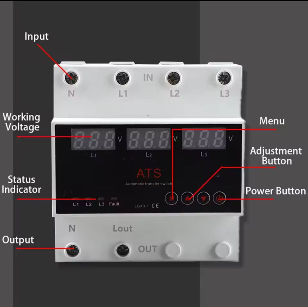 100A 3 Phase Over Under Voltage Protector ATS Automatic Transfer Switch Phase Selector Uninterrupted Power Over Current Sun Gold