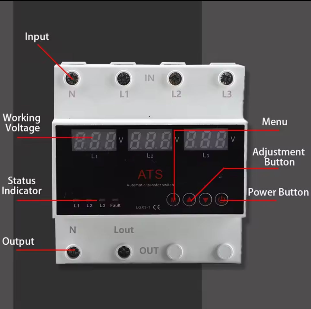 100A 3 Phase Over Under Voltage Protector ATS Automatic Transfer Switch Phase Selector Uninterrupted Power Over Current Sun Gold