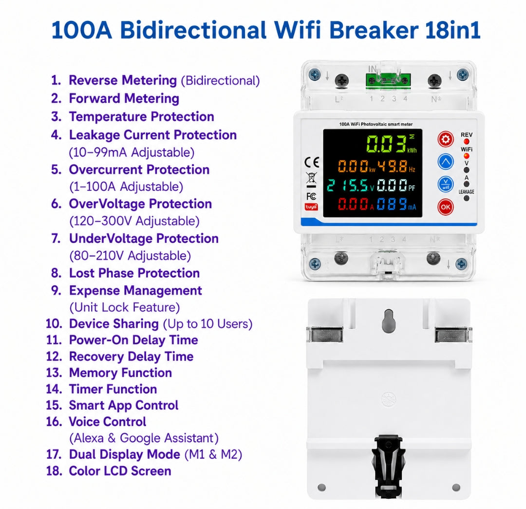 Tuya Wifi MCB Single Phase 100A  4Pole Intelligent Circuit Breaker Automatic Reclosure Protector, Power Meter, Reclosure Switch