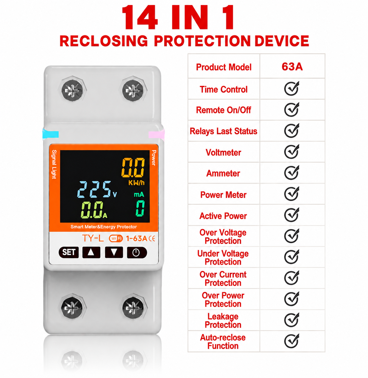 Smart wifi voltage and Ampair protection device 63A 14 in 1 with unit lock and power off feature Smart WiFi 63A Voltage & Current Protection Breaker with Energy Meter, Unit Lock & Power Off Feature | Tuya Smart Sun Gold