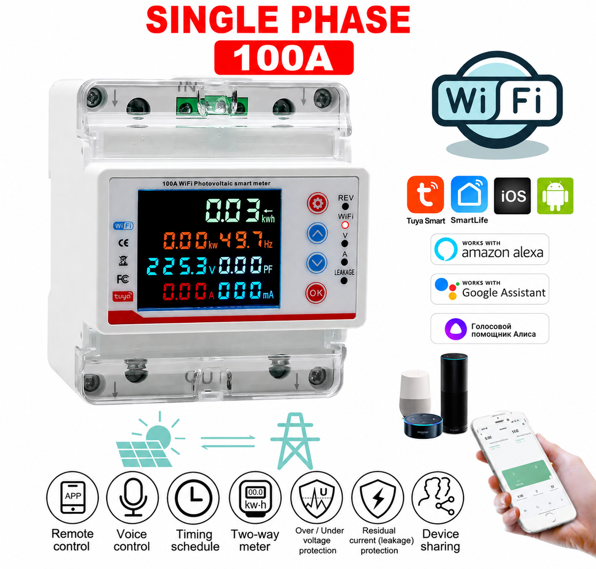 Tuya Wifi MCB Single Phase 100A  4Pole Intelligent Circuit Breaker Automatic Reclosure Protector 4W Power Meter, Reclosure Switch Sun Gold