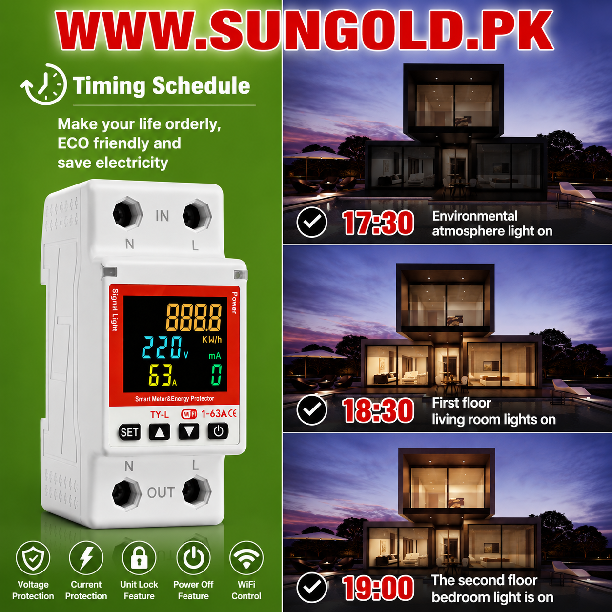 Smart wifi voltage and Ampair protection device 63A with unit lock and power off feature Smart WiFi 63A Voltage & Current Protection Breaker with Energy Meter, Unit Lock & Power Off Feature | Tuya Smart Sun Gold