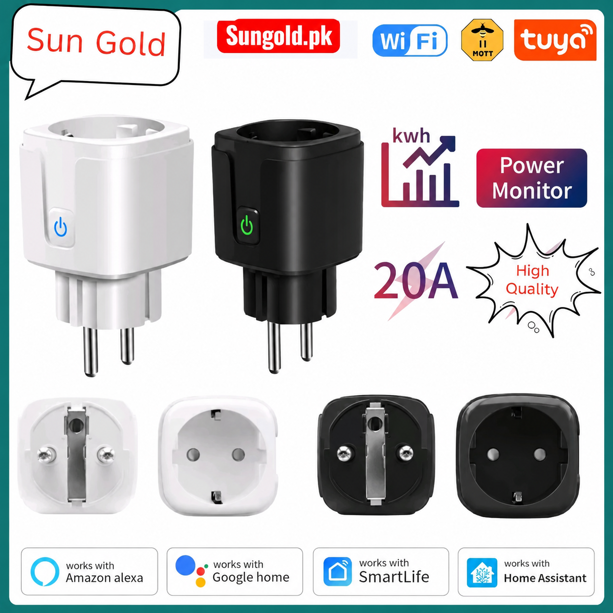 Tuya Smart Socket EU 20A Wifi Smart Plug With Power Monitoring sun gold