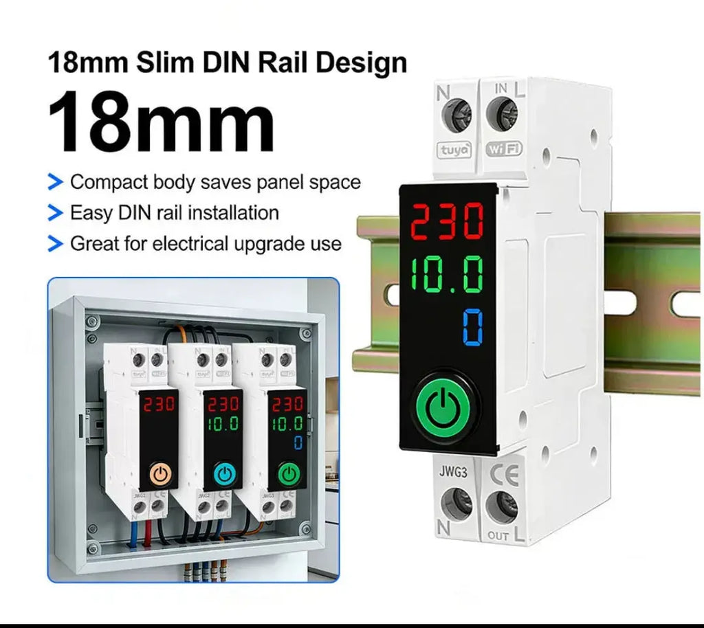 Electrical control panel with digital display and wiring, featuring 18mm slim DIN rail design.
