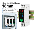 Electrical control panel with digital display and wiring, featuring 18mm slim DIN rail design.