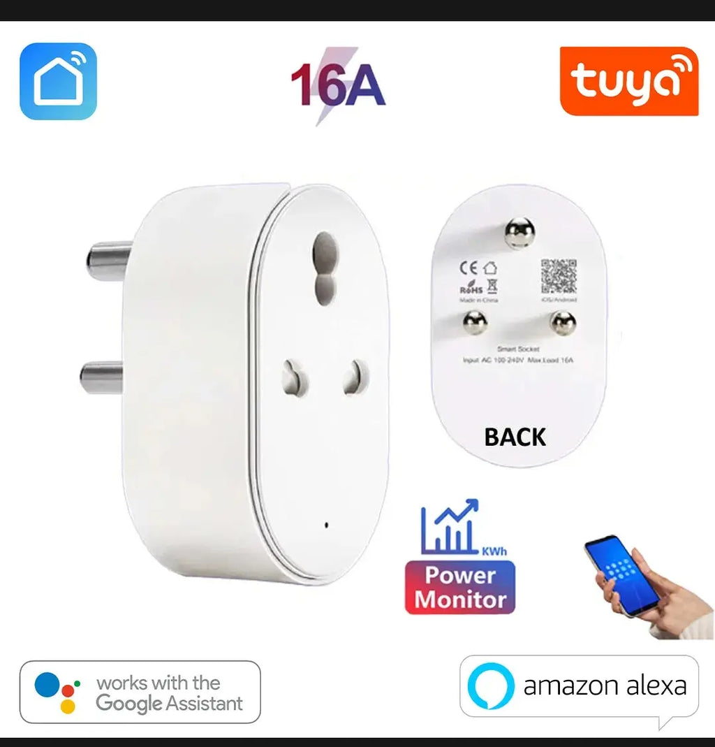 Smart plug with Tuya logo and connectivity features on a white background