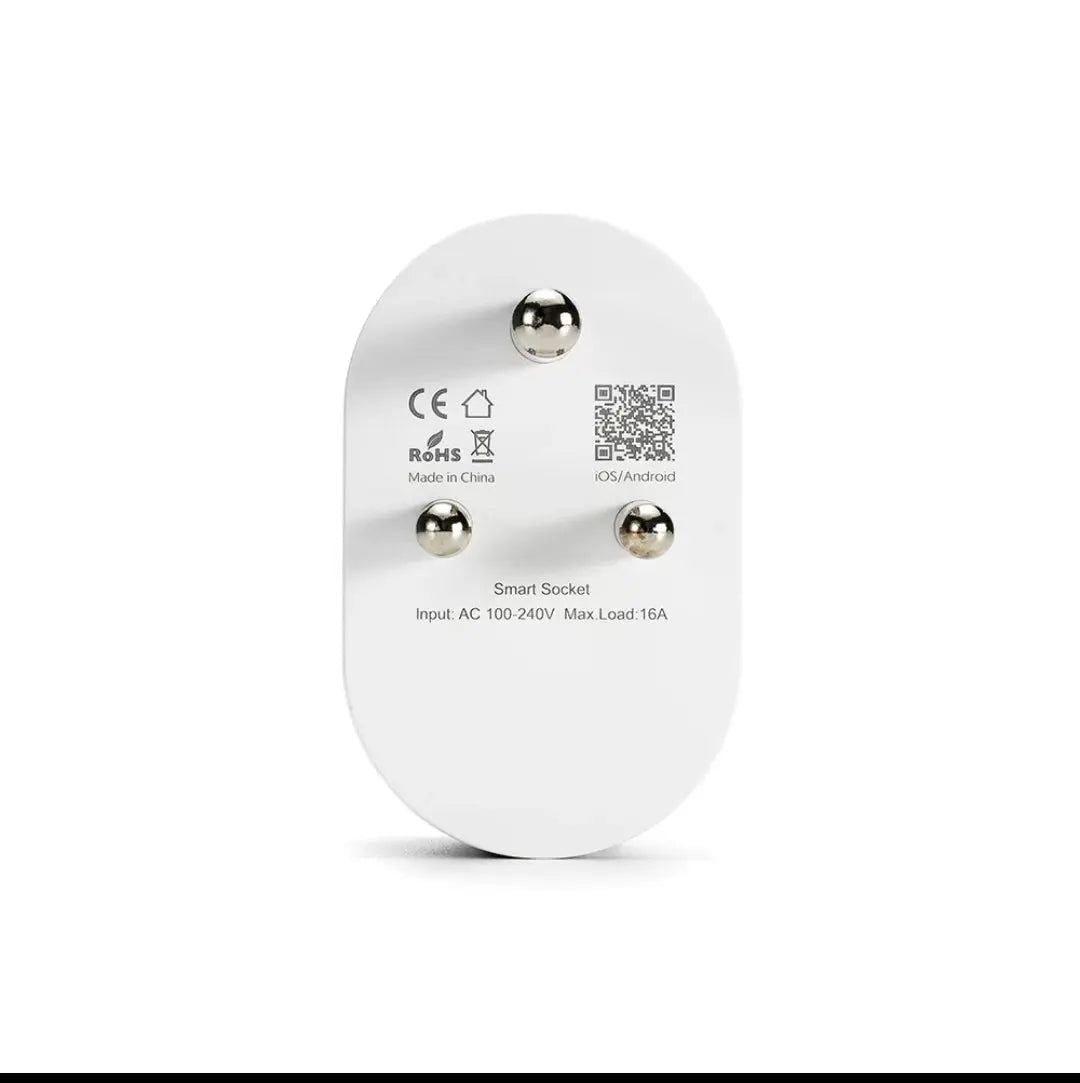 White smart socket with branding and specifications on a white background
