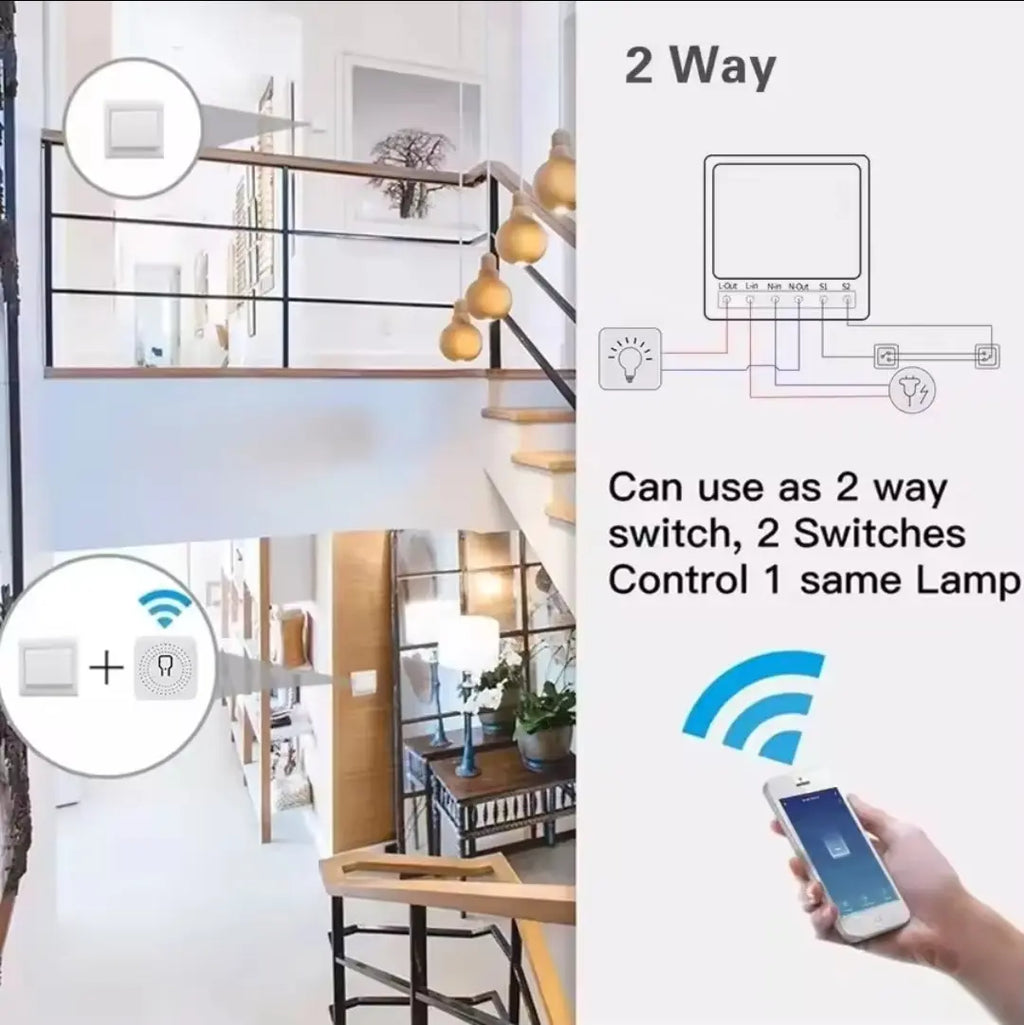 Smart home control system with 2-way switch functionality and smartphone app interface.