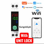 Smart device with digital display and smartphone app interface, featuring Tuya Smart, Google Assistant, Amazon Alexa, and WiFi logos.