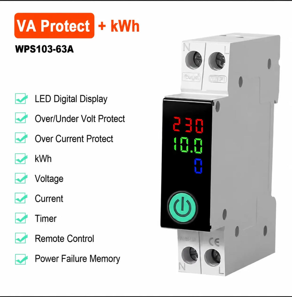 Electrical control device with digital display and protective features on a white background
