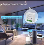 Smart home control device with voice control feature in a modern living room.